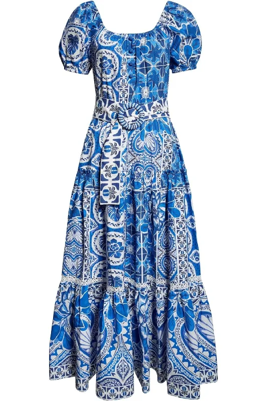 Farm Rio Women's Blue Tile Dream Maxi Dress Floral A-line Skirt