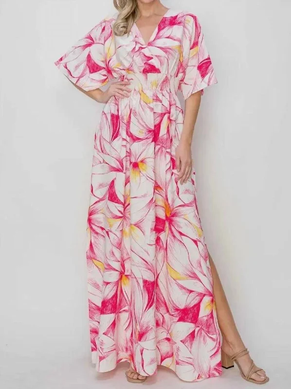 Floral Short Sleeve Maxi Dress In Fuchsia Embellished Maxi Skirt