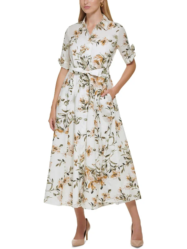 Petites Womens Floral Print Maxi Shirtdress Formal Maxi Skirt