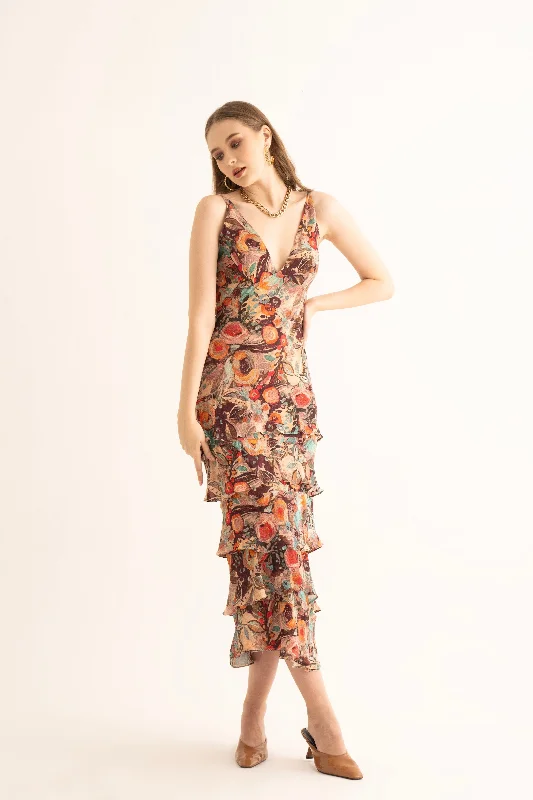 Smudged Floral Maxi Ruffle Dress Summer Maxi Skirt