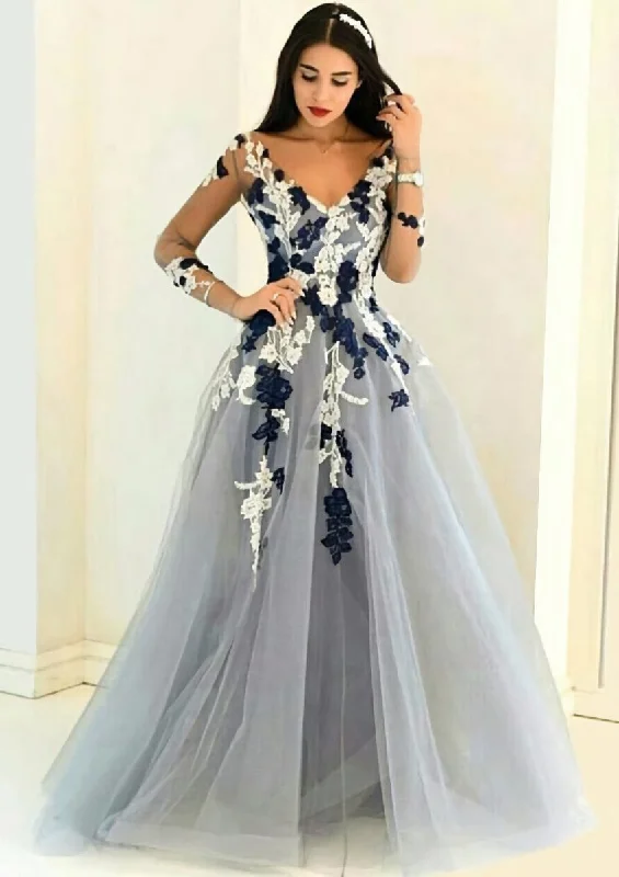 Tulle Long/Floor-Length A-Line/Princess Full/Long Sleeve V-Neck Zipper Evening Dress With Appliqued Gowns Long Boho Skirt