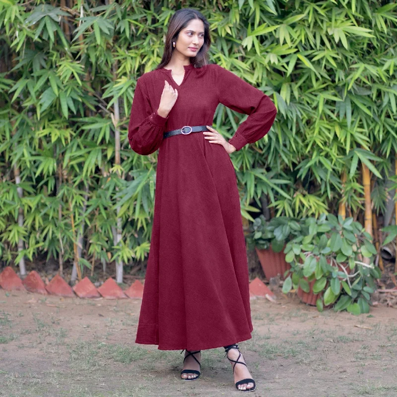 Wine Warm Cotton Corduroy Fit and Flare Maxi Dress Maxi Skirt Glam