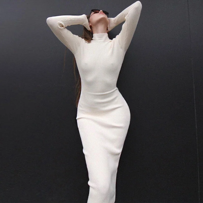 Elegant High Neck Long Sleeve Bodycon Rib Knit White Midi Sweater Dress Knit Midi Skirt