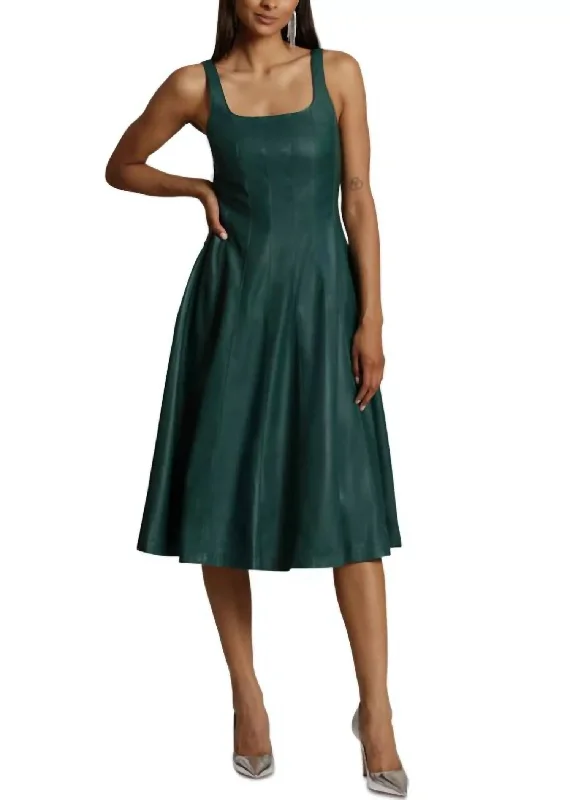 Faux Leather Square Neck Sleeveless Midi Dress In Green Soft Denim Midi