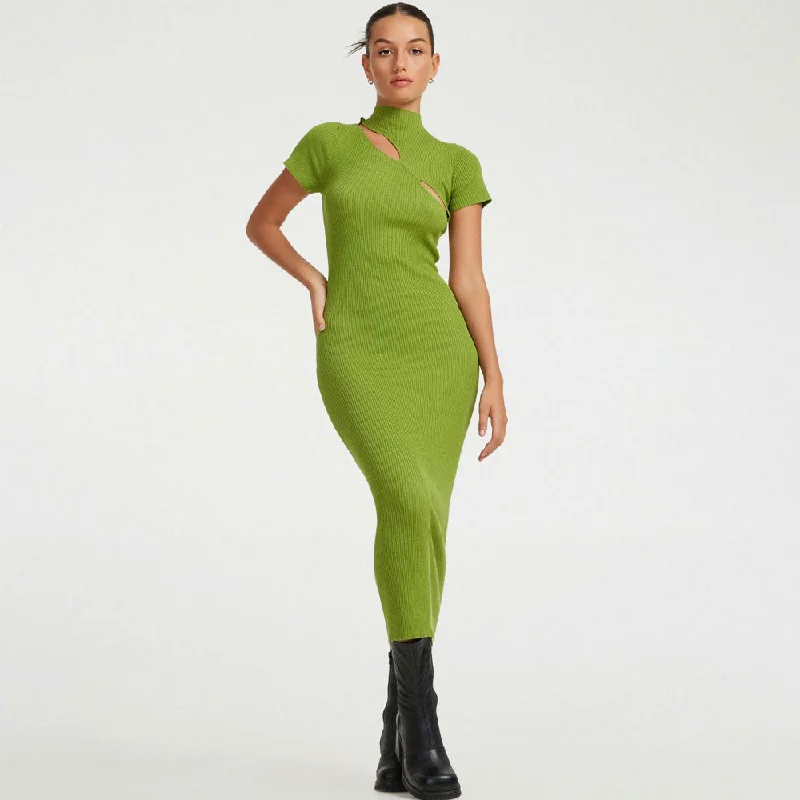 Feminine Lime Green Cut Out Front High Neck Short Sleeve Rib Knit Midi Dress Trendy Midi Look