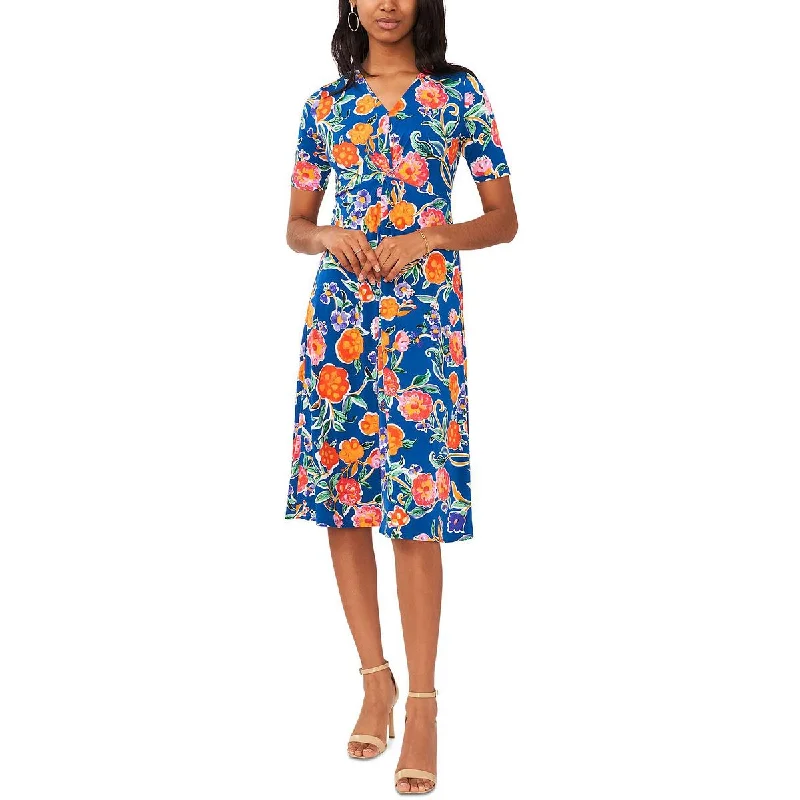 Petites Womens Twist Front Floral Print Midi Dress Soft A-line Skirt