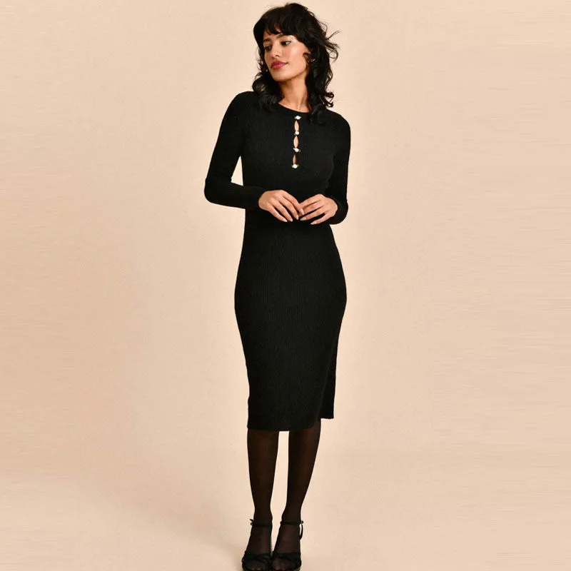 Retro Rose Detail Cutout Crew Neck Rib Knit Fitted Midi Black Sweater Dress Warm Midi Skirt