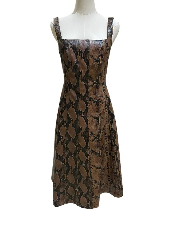 Snake Faux Leather Square Neck Sleeveless Midi Dress In Brown Polka Dot Midi