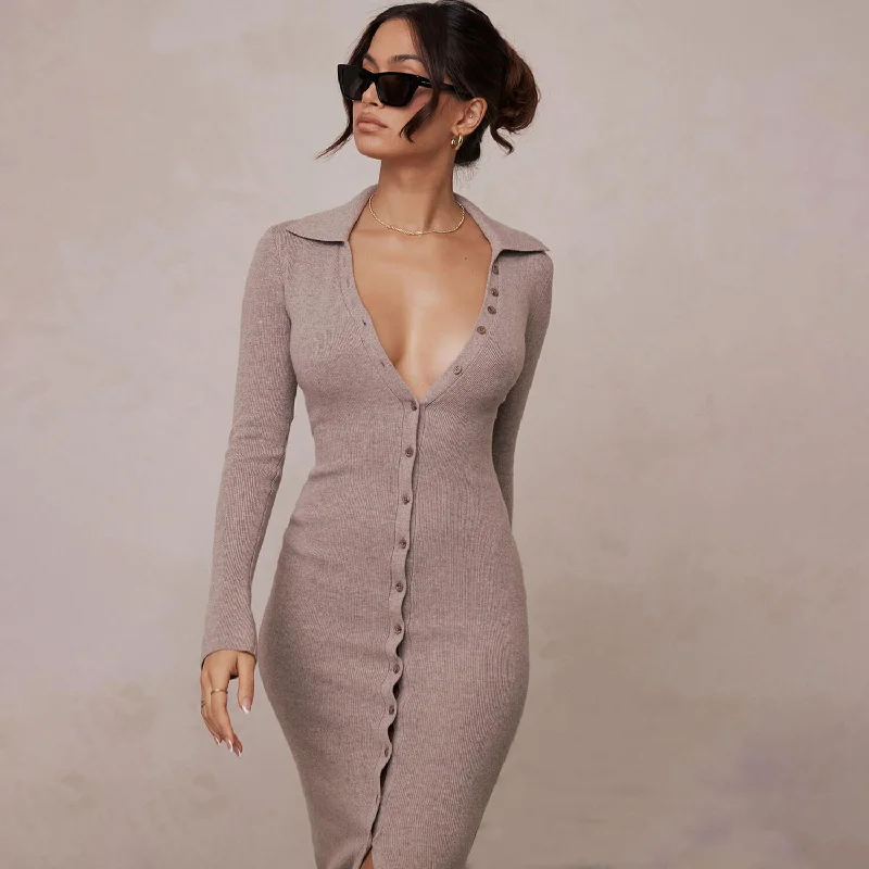 Versatile Spread Collar Button Up Sleeved Rib Knit Slim Sweater Midi Dress Casual Midi Outfit