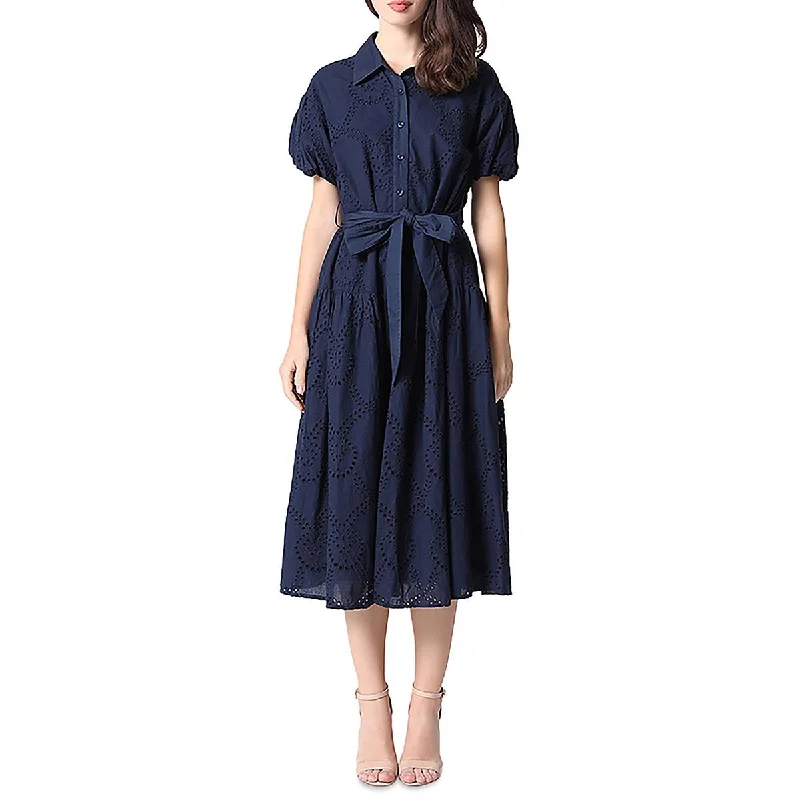 Womens Eyelet Button Up Midi Dress Midi Skirt Print