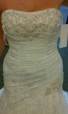 David's Bridal Strapless Lace A-line Gown with Side Split/9YP3344 Boho Lace Dress