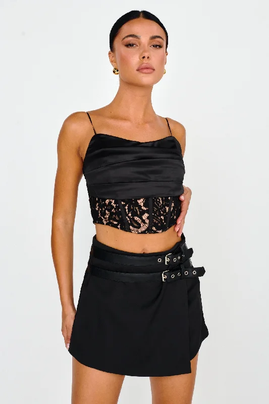 Love Wild Satin & Lace Crop Top Black Lace Bridesmaid Gown